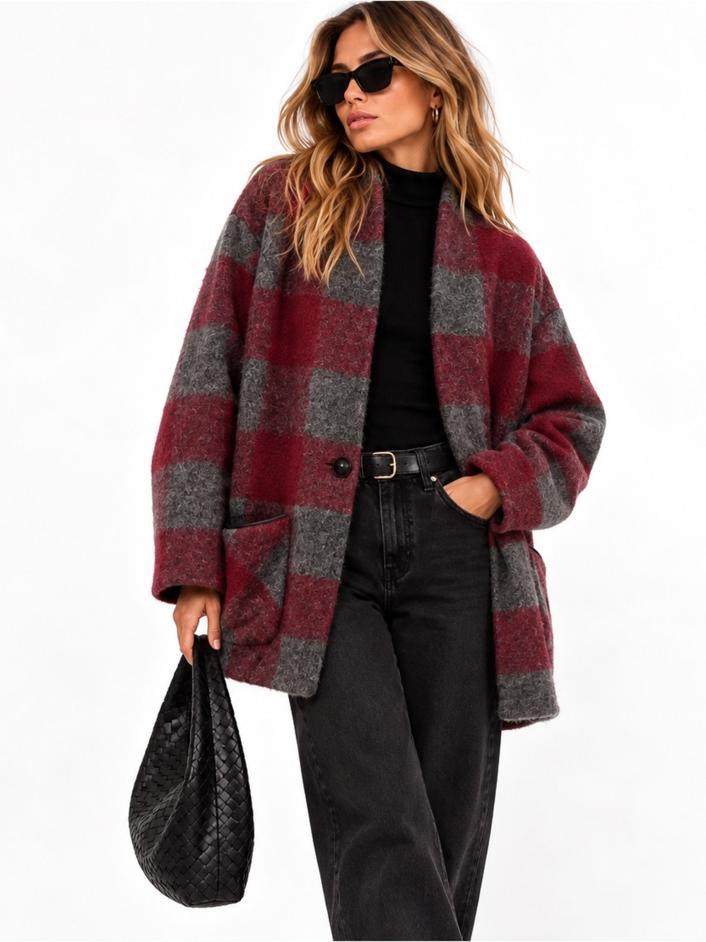 Aritzia Wilfred Free Off-Duty Red Grey Plaid Wool Cocoon Coat Jacket